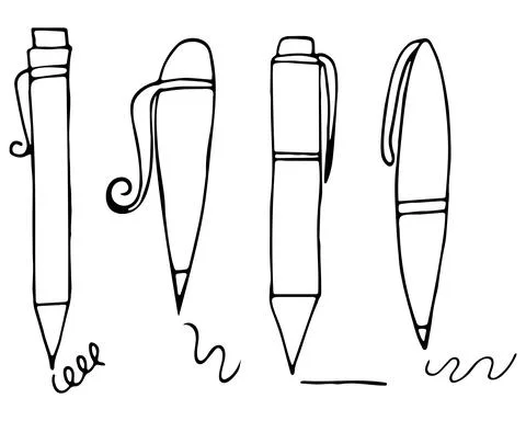 Vector illustration with pen set on white background. Hand-drawn cartoon desi Stock Illustration