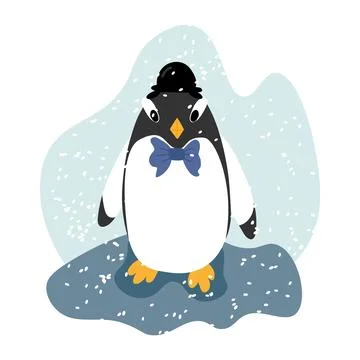 Vector illustration of a penguin in a black hat under snow on a blue background. Stock Illustration