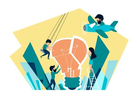 Vector illustration. people collect a light bulb. birth of a creative idea Stock Illustration
