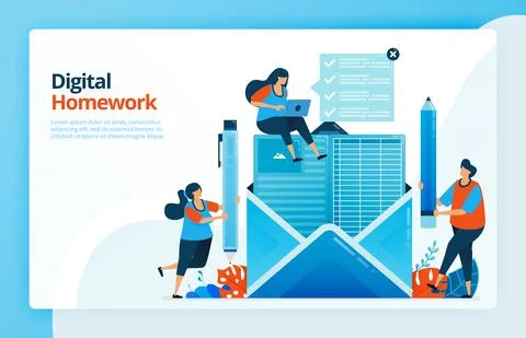 Vector illustration of people do digital homework via email, future of distan Stock Illustration