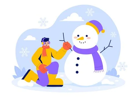 Vector Illustration of People Having Fun Outdoors Building a Snowman During.. Ilustración de archivo