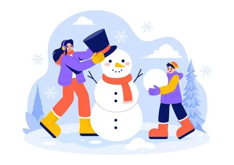 Vector Illustration of People Having Fun Outdoors Building a Snowman During.. Ilustración de archivo