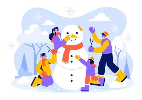 Vector Illustration of People Having Fun Outdoors Building a Snowman During.. Ilustración de archivo