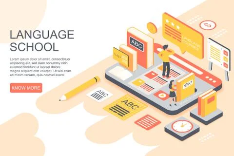 Vector illustration of people learning foreign languages on page of school Illustrazione stock
