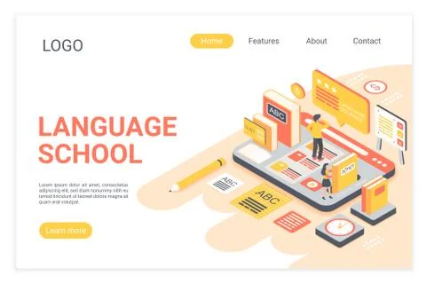 Vector illustration of people learning foreign languages in language school Stock Illustration