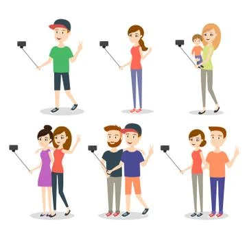 Vector illustration of people making selfie. Couples and friends, woman with  Stock Illustration