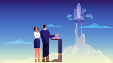 Vector illustration of people pushing a start button for rocket launch. Stock Illustration