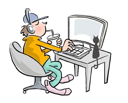 Vector illustration people siting in front of computer work at home with cat Illustrazione stock
