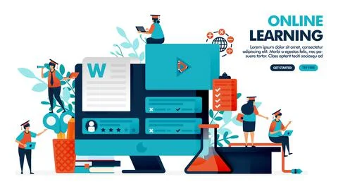 Vector illustration of people study with online learning technology on monito Stock Illustration