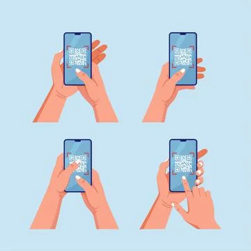 Vector illustration of people's hands using smartphones with QR codes on a blue Stock-Illustration