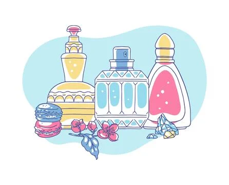 Vector illustration of perfume bottles, different shapes and ingredients. Illustration