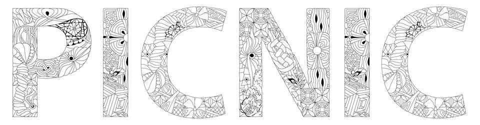 Vector illustration of PICNIC text for coloring Ilustração Stock