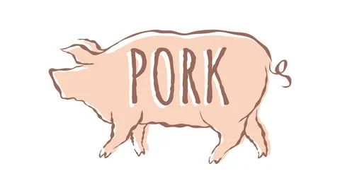 Vector illustration of pig in hand drawing style. Vector icon for food from.. Stock Illustration