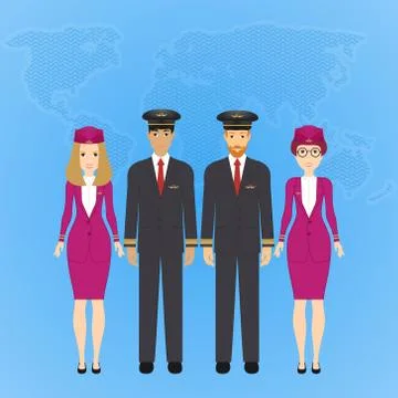 Vector illustration of pilot and stewardess in formal clothes on blue background Stock Illustration