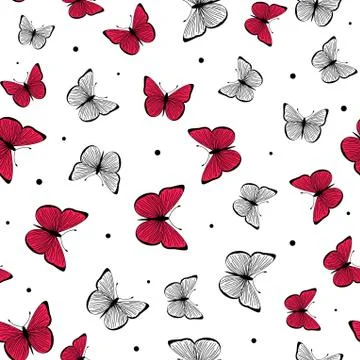 Vector illustration of pink, black and white romantic butterfly seamless pattern Stock Illustration