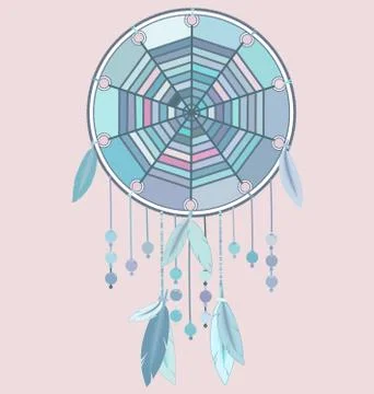 Vector illustration pink blue colored image of dreamcatcher with feathers Stock Illustration