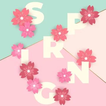 Vector illustration with pink cherry flowers and lettering Spring isolated .. Illustrazione stock