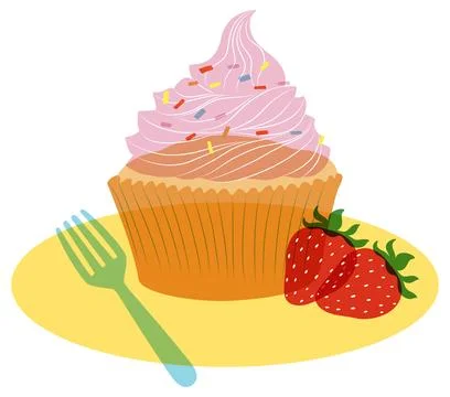Vector Illustration of Pink Cupcake with Strawberries on Yellow Plate Stock Illustration