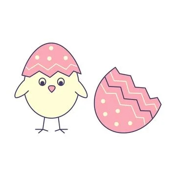 Vector illustration of pink Easter egg and little chicken inside. 库存插图