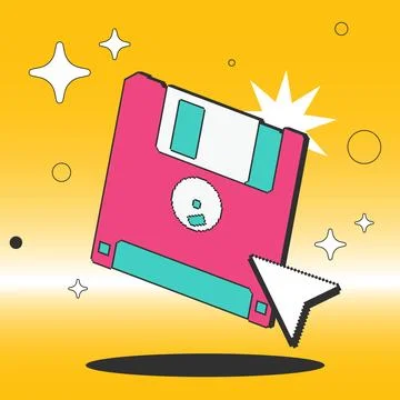 Vector illustration of a pink floppy disk with pixel art mouse cursor. Retro Stock Illustration