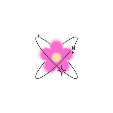 Vector illustration of pink gradient flower with linear atom icon. Y2K. Stockillustratie