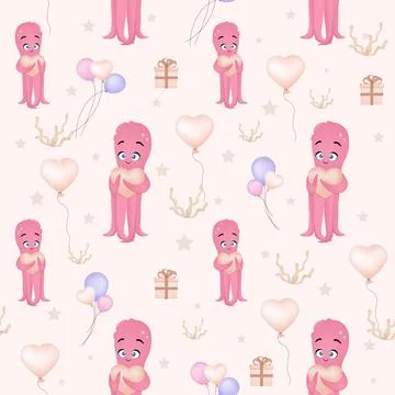Vector illustration of a pink octopus. Seamless pattern for babies. Sea squid Illustrazione stock