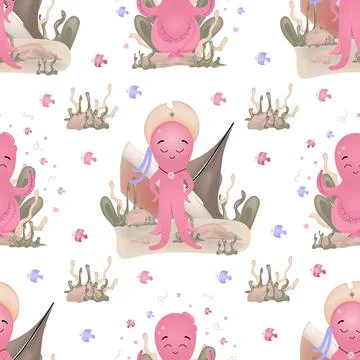 Vector illustration of a pink octopus. Seamless pattern for babies. Sea squid Stock Illustration