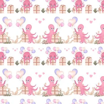 Vector illustration of a pink octopus. Seamless pattern for babies. Sea squid Illustrazione stock