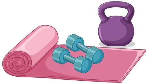 Vector illustration of a pink yoga mat, blue dumbbells, and purple kettlebell Stock Illustration