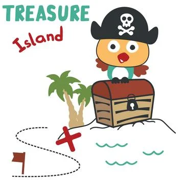 Vector illustration of pirate bird has found the treasure in cartoon style... Stock Illustration