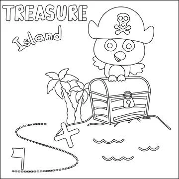 Vector illustration of pirate bird has found the treasure in cartoon style... 库存插图