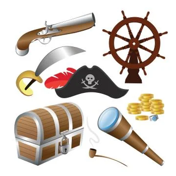 Vector illustration of pirate icon set isolated on a white background. Stock Illustration