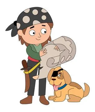 Vector illustration pirate looking at map with dog Stock Illustration