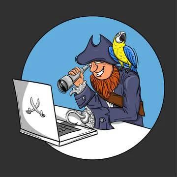 Vector illustration of pirate sitting in front of the computer looking throug Stock Illustration