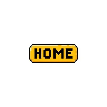 Vector illustration of pixel yellow button with home sign. 8 bit icon. Illustrazione stock