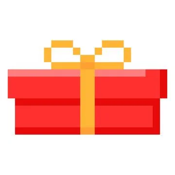 Vector illustration of a pixelated gift box, red with a yellow bow, 8-bit. Stock Illustration