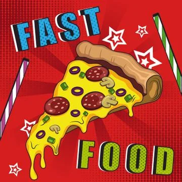 Vector Illustration with Pizza and Straws in Pop Art Style Stock Illustration