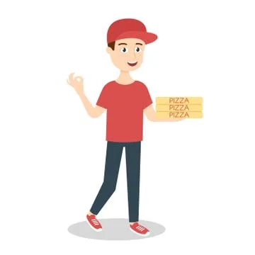Vector illustration of pizza delivery boy handing three pizza boxes Stock Illustration