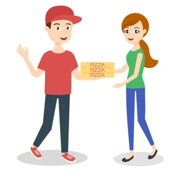 Vector illustration of pizza delivery boy handing three pizza boxes to a beau Stock Illustration