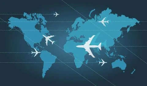 Vector illustration of plane flying over world map. Stock Illustration