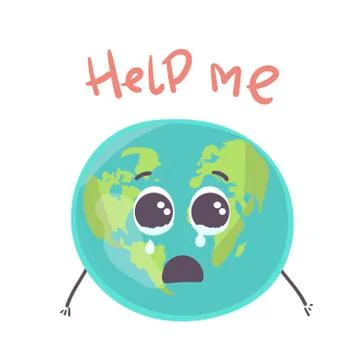 Vector illustration of planet earth globe crying. isolated on white. Help me Stock Illustration