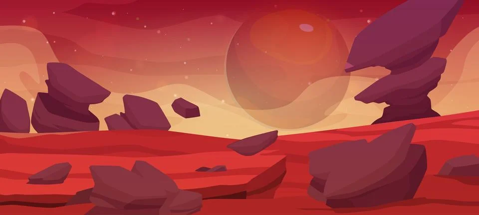 A vector illustration of the planet's surface showing a rocky red landscape Stock Illustration