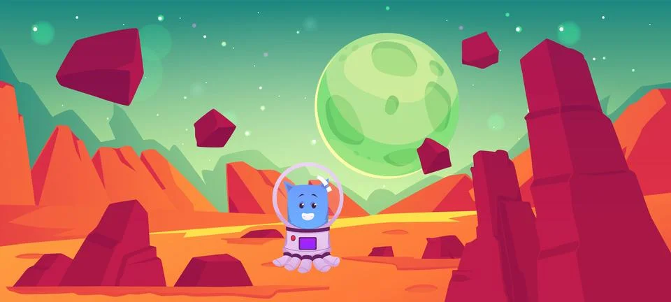 Vector illustration of the planet's surface showing a rocky landscape and a cute Stock Illustration