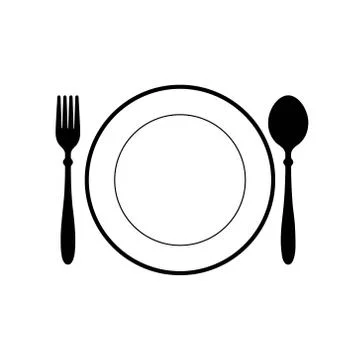 Vector illustration of plate, spoon and fork icon. Symbol for food, restauran Stock Illustration