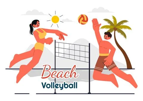 Vector Illustration of a Player Playing Beach Volleyball on Sandy Terrain d.. Stock Illustration