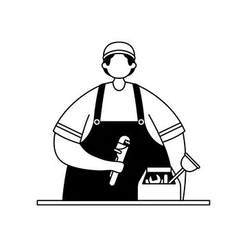 Vector illustration of a plumber in a form with tools. Profession. Line art Stock Illustration