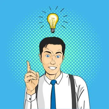 Vector illustration of pop art comic happy smiling businessman. Light bulb ov Stock Illustration