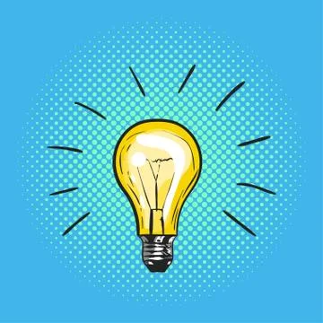 Vector illustration of pop art light bulb. Concept of new idea. Hand drawn si Stock Illustration