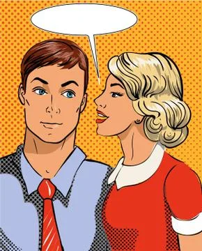 Vector illustration in pop art style. Woman telling secret to man. Retro comic Stock Illustration
