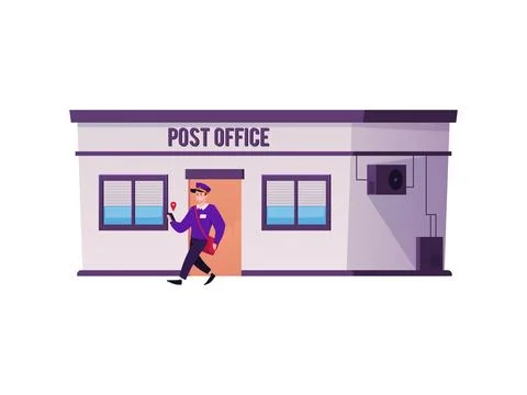 Vector illustration of post office building with postman coming out. Ilustración de archivo